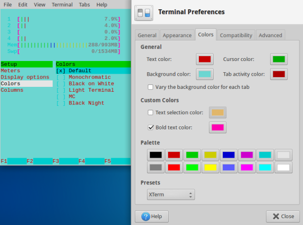 Htop colors combined with the terminal color scheme